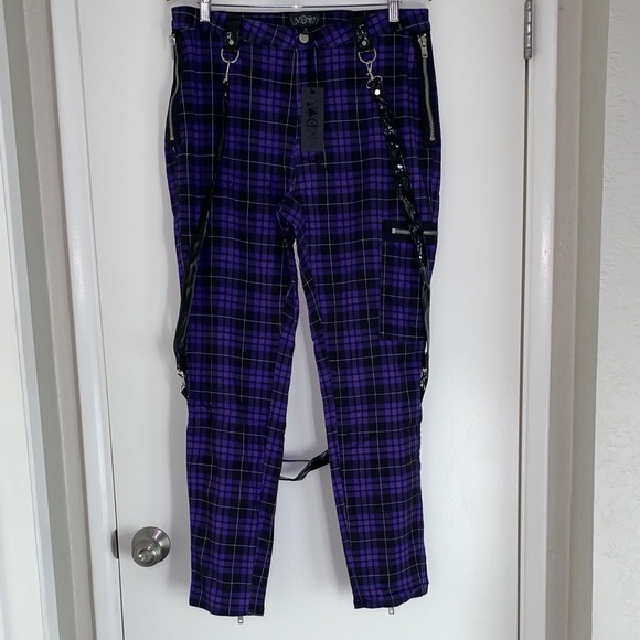 Dolls Kill Pants - #DK185-NWT Widow Dolls Kill Punk Purple & Black Plaid Skinny Jeans w/straps-1X